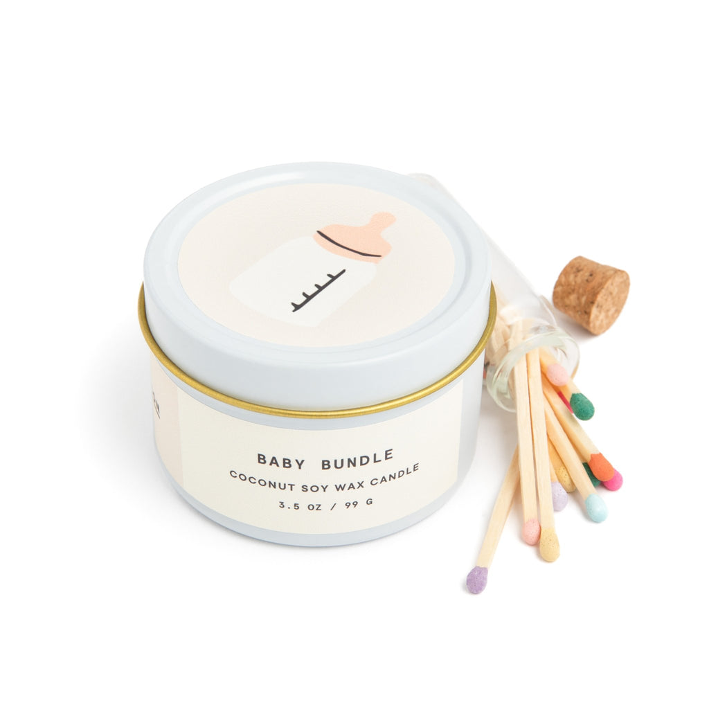 perfect new baby gift - oatmeal milk and honey scented candle with a set of colorful wood matches