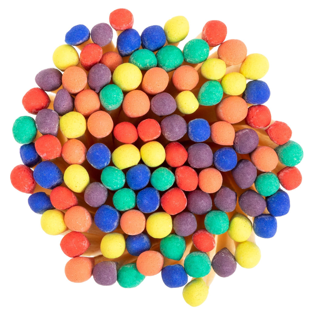 rainbow pride color tip wood matches in match jar with match striker