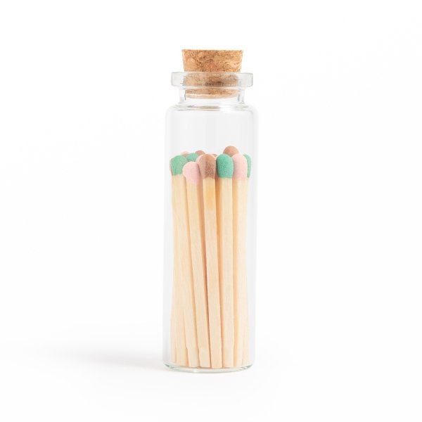spumoni green brown and pink color tip wood matches in corked jar with match striker